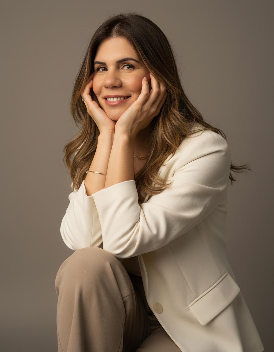 Retrato profissional de Flávia Vasconcelos em fundo neutro